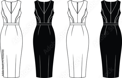 Technical dress icon set, sleeveless pencil silhouette, V-neckline, waistband detail, seam line illustration, black line art, minimal fashion