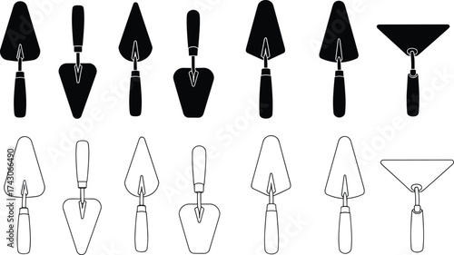 Trowel icon set, silhouette and outline tools, masonry hand equipment, black graphic design, minimal style, blade shape comparison