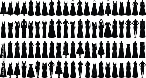 Women’s dress icon set, fashion silhouette collection, sleeve neckline skirt variations, black line art, minimal style, outfit comparison grid