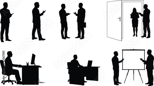 Silhouette of business people communicating, working at desks, giving presentations, and entering office door, teamwork and corporate concept illustration