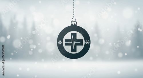 An abstract flat design illustration featuring a medical cross beautifully integrated with a Christmas ornament, symbolizing health, care, and festive goodwill. 