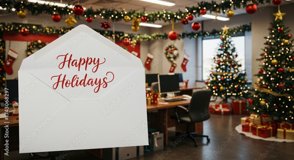 Obraz premium Happy Holidays Card in Festive Office Celebrating Christmas With Tree and Decorations