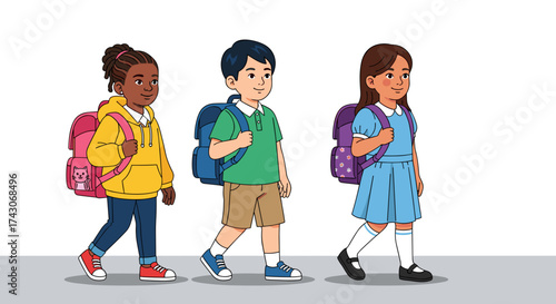 Diverse happy children with backpacks walk to school, excited for learning and adventure