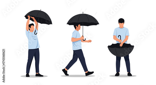 Man with umbrella in different poses, preparing for rain, walking, and closing it