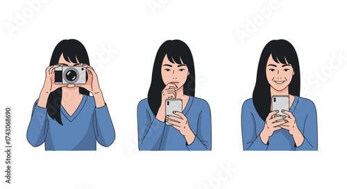 Woman captures moments with camera and phone, experiencing digital connection and joy