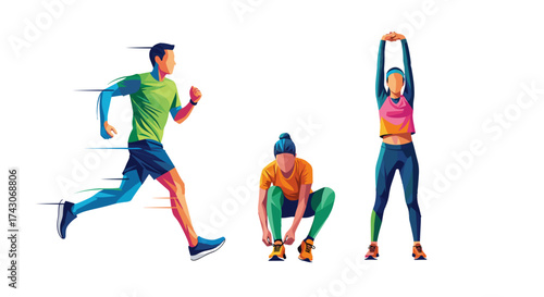 Dynamic athletes in motion, running, stretching, and preparing for fitness, showcasing health and active lifestyle.