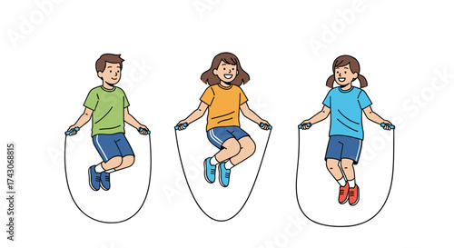 Energetic children joyfully jump rope together promoting active play and healthy childhood fun