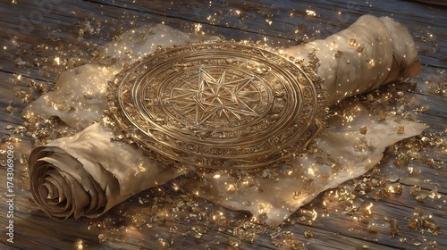 Golden compass rose on parchment scroll with shimmering light effects on rustic wood