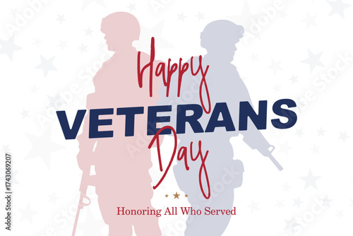 Vector banner with soldier silhouettes honoring veterans and fallen heroes. USA Veterans Day and national pride events.