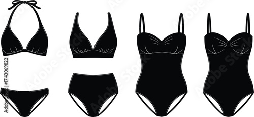 Silhouette of women swimsuits and bikinis collection, stylish beachwear fashion design, black and white summer clothing vector illustration set