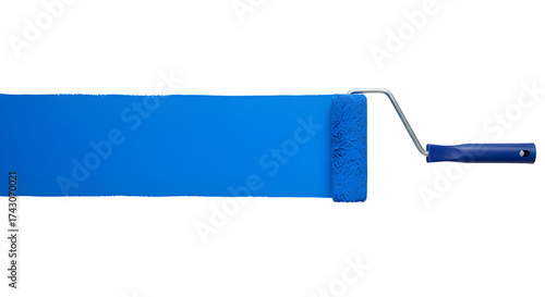 Paint roller with a long, vibrant blue paint stroke. Ideal for DIY, home renovation, or artistic design projects. Isolated on white or transparent background. PNG format.