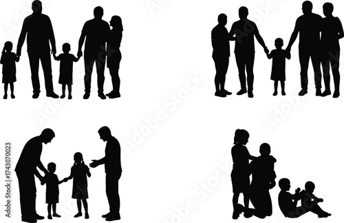 Silhouette of happy family, parents and children standing and sitting together, bonding moments, isolated on white background, love, unity, togetherness