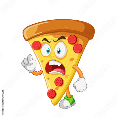 Pizza piece cartoon character with groovy comic faces set. Funny mascot with bundle of love, playful, wow, sad, fear, angry and other facial emotions, legs poses, hands gestures. Vector illustration. 