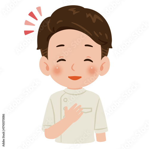 白色のケーシーを着た笑顔の男性　上半身イラスト／Smiling man wearing a white medical tunic　upper body illustration