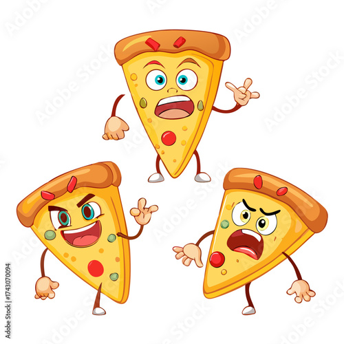 Pizza piece cartoon character with groovy comic faces set. Funny mascot with bundle of love, playful, wow, sad, fear, angry and other facial emotions, legs poses, hands gestures. Vector illustration. 