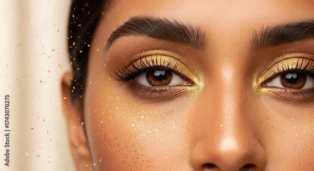 Naklejka premium Warm Toned Makeup Portrait Highlighting Eyes and Skin Texture