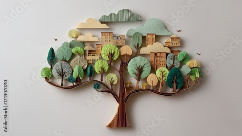 Eco-friendly tree created with recycled paper decorations on neutral background