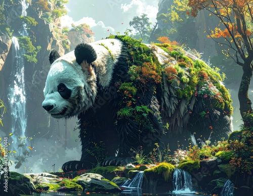 giant panda bear, A surreal concept illustration of a panda transforming into a forest landscape