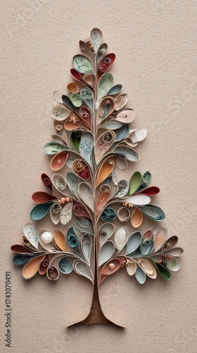 Eco-friendly tree created with recycled paper decorations on neutral background