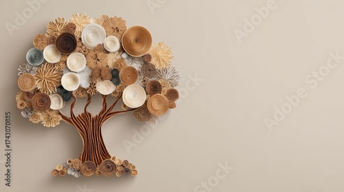Eco-friendly tree created with recycled paper decorations on neutral background