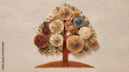 Eco-friendly tree created with recycled paper decorations on neutral background