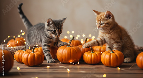 Adorable tabby and ginger kittens playing with pumpkins and lights for a cute halloween celebration
