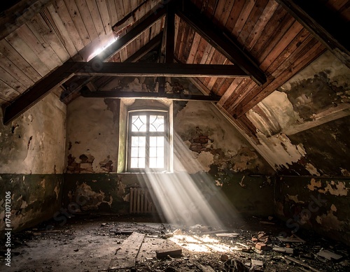 Abandoned attic with sunlight streaming through a window