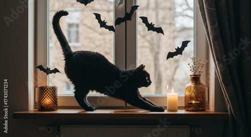 Spooky halloween home interior with a black cat silhouette stretching on a windowsill decorated with paper bats and candles