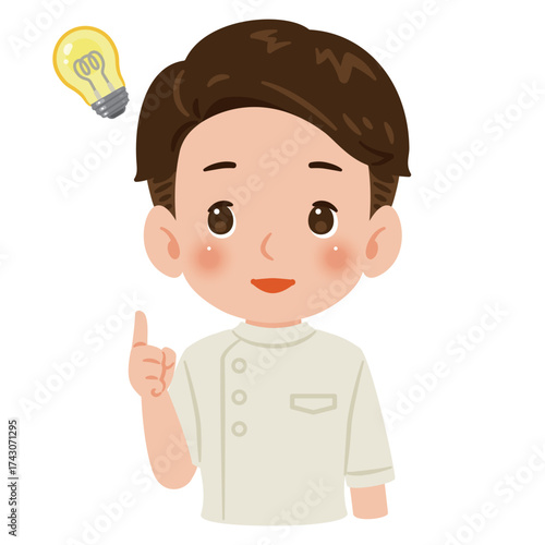 白色のケーシーを着た閃く男性　上半身イラスト／ Man wearing a white medical tunic having an idea　upper body illustration