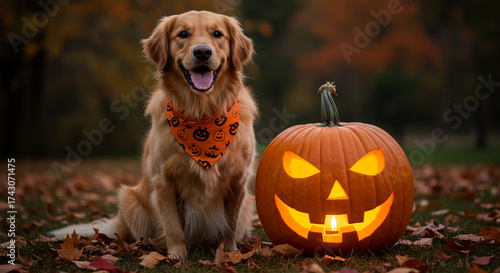 Golden Retriever enjoying a Halloween celebration with a carved pumpkin in autumn
