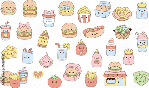 Kawaii Doodle Fast Food Icons with Cute Burgers, Drinks, Fries, and Condiments