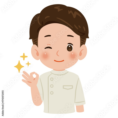 白色のケーシーを着たOKサインを出す男性　上半身イラスト／Man wearing a white medical tunic making an OK sign　upper body illustration