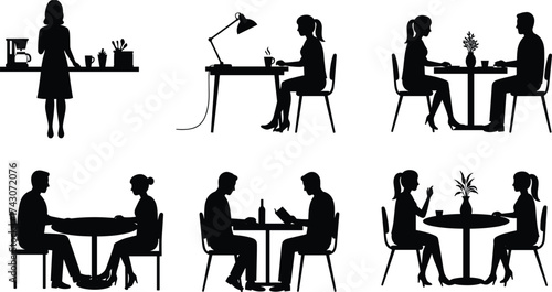 Silhouette of people working, talking, drinking coffee, and dining together, office and cafe scenes, communication, teamwork, lifestyle, isolated on white background