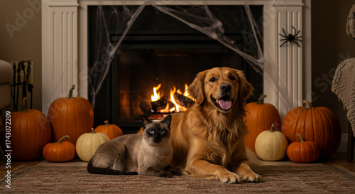 A festive halloween scene with a golden retriever and a siamese cat posing by a warm, cozy fireplace surrounded by pumpkins