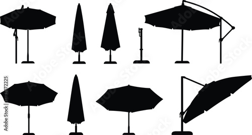 Silhouette set of outdoor patio umbrellas and parasols isolated on white background, perfect for summer, garden, beach, and cafe design