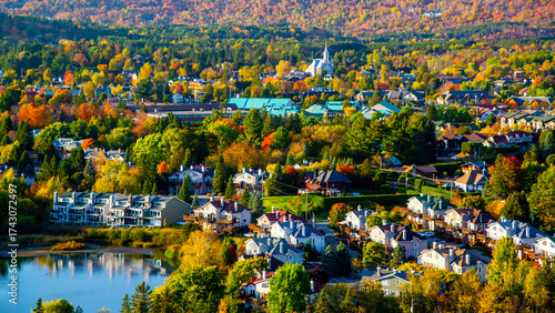 Saint-Sauveur, Canada - Oct. 5 2025: The beautiful panoramic autumn view from top of Saint-Sauveur mountain in Quebec Canada