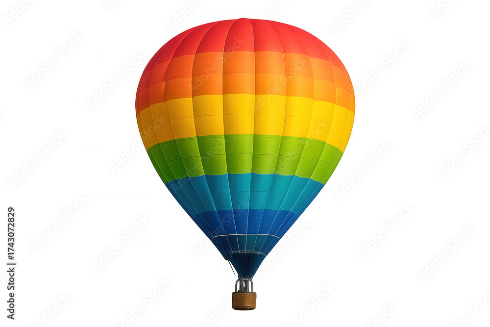 Fototapeta premium Hot air balloon flying, rainbow colors across the aerostat, representing adventure, sky travel, and freedom
