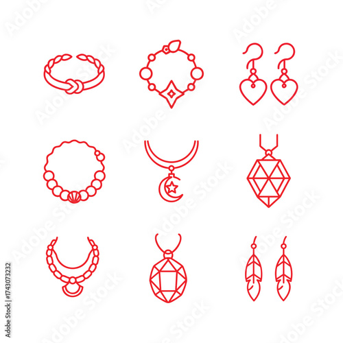 Assortment of nine red line art icons showcasing diverse jewelry and accessories bracelet