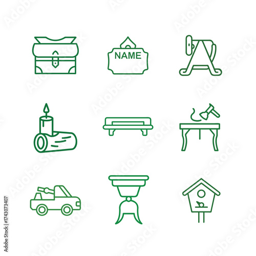 Group of nine green line art icons representing various objects and items chest trunk