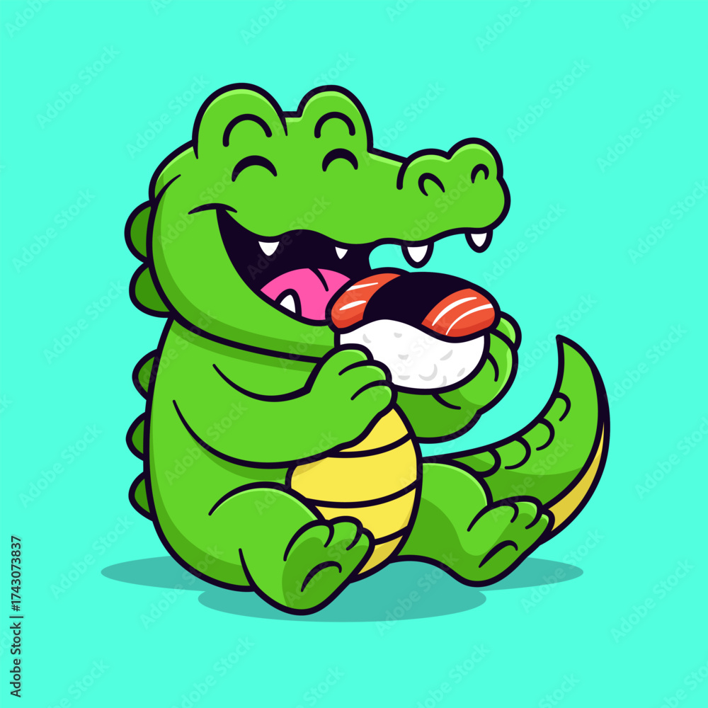 Fototapeta premium Cute Crocodile Eating Sushi Illustration