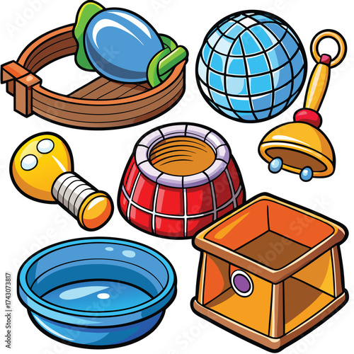 Clay style vector illustration of pet care items and toys isolated on white background