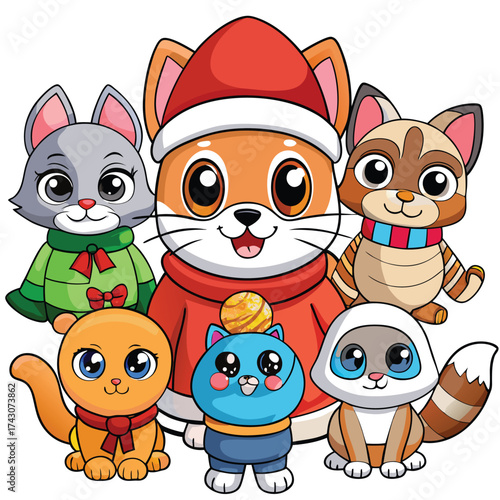 Cute kawaii animals winter holiday vector bundle illustration eps scalable isolated on white background