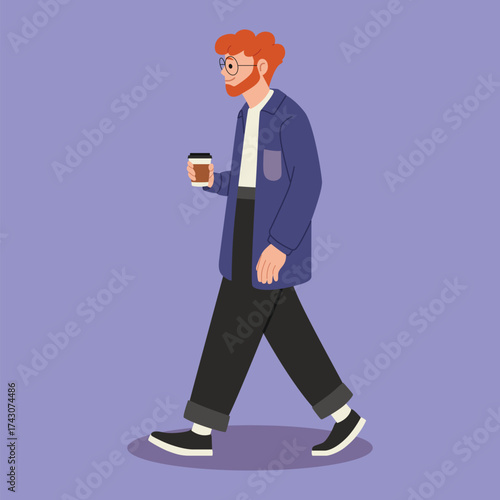 Man holding cup of coffee while walking vector illustration