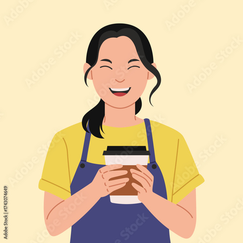 Young women barista holding a cup of coffee smiling flat vector illustration