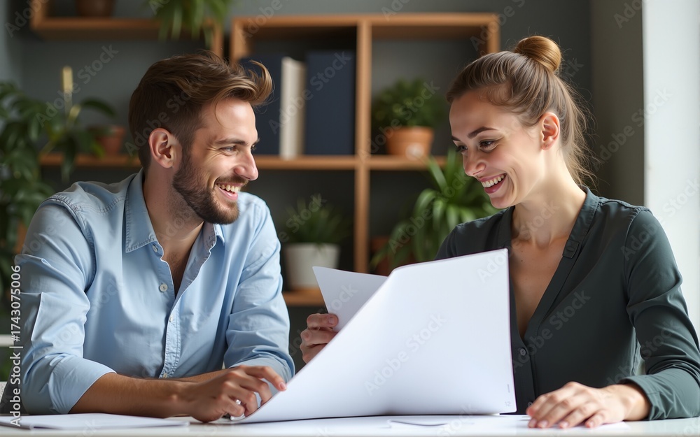 Fototapeta premium Beautiful young designers discussing ideas and smiling while working in office. High quality