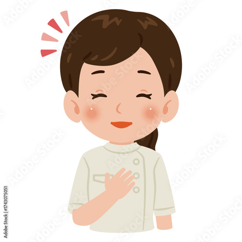 白色のケーシーを着た笑顔の女性　上半身イラスト／Smiling woman wearing a white medical tunic　upper body illustration