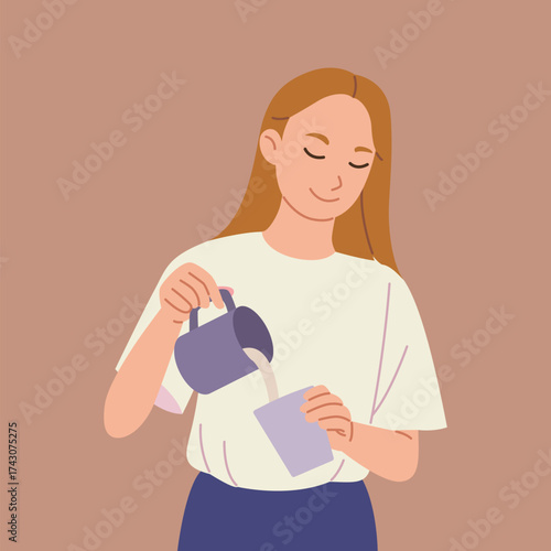 Women barista pouring milk to coffee flat vector illustration