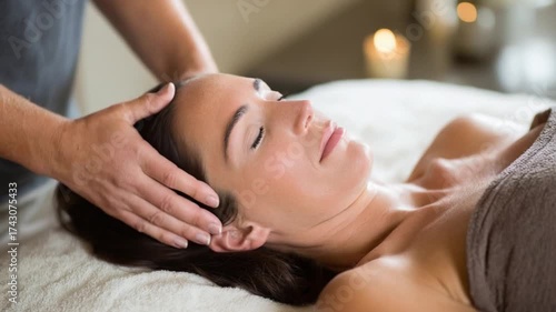 Wallpaper Mural Tranquil Massage: A serene moment captured as a person receives a gentle head massage, eyes closed in deep relaxation, showcasing the calming art of wellness and self-care. Torontodigital.ca
