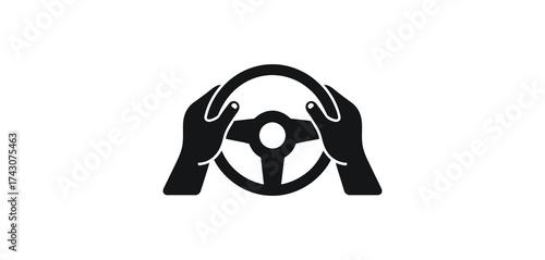 A simple black icon showing two hands firmly holding a car steering wheel, symbolizing driving, control, and navigation