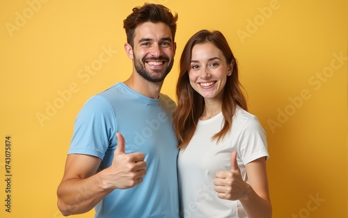 Portrait of cheerful young couple man and woman in basic t-shirts smiling and showing thumbs up at camera. High quality